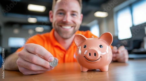 Smiling man adds coin to piggy bank, representing savings and financial goals. photo