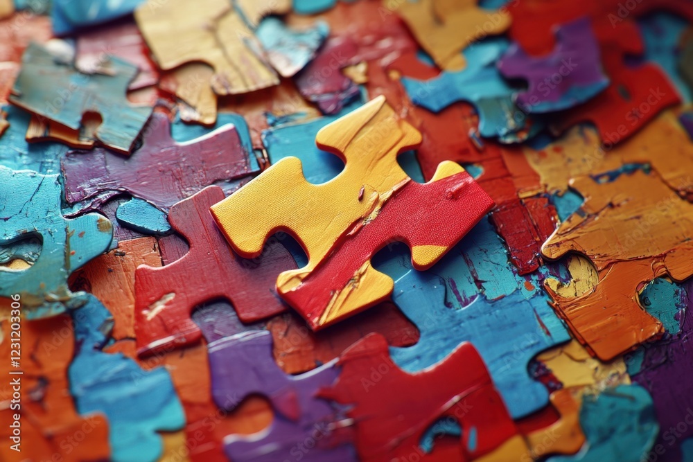 Fototapeta premium A jigsaw puzzle with a yellow piece in the middle