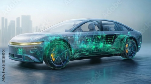 Futuristic Grey Electric Car with Green Energy Network Visualized on City Background
