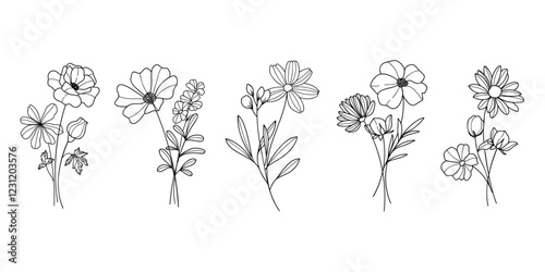 Set of hand drawn botanical flower bouquet vector. Collection black white contour drawing of foliage, wildflower, poppy, peony, eucalyptus. Illustration design for logo, wedding, invitation, decor.