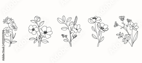 Set of hand drawn botanical flower bouquet vector. Collection black white contour drawing of foliage, wildflower, poppy, peony, eucalyptus. Illustration design for logo, wedding, invitation, decor.