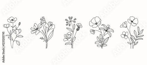 Wallpaper Mural Set of hand drawn botanical flower bouquet vector. Collection black white contour drawing of foliage, wildflower, poppy, peony, eucalyptus. Illustration design for logo, wedding, invitation, decor. Torontodigital.ca