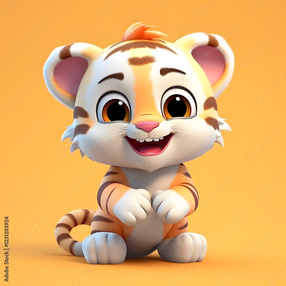 Naklejka premium Happy tiger cub sitting, 3D render, orange background, children's book illustration