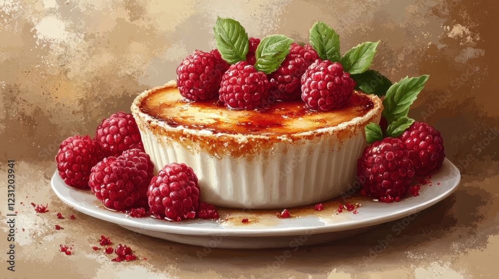 Creamy dessert topped with fresh raspberries and mint leaves on a rustic background Creamy dessert topped with fresh raspberries and mint leaves on a rustic background