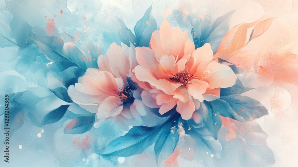 Obraz premium Serene Watercolor Floral Bouquet: Peach and Teal Blossom Dreams