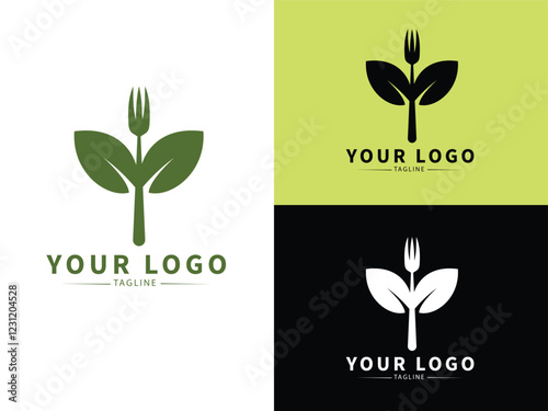 Fork and Leaves Logo:  A versatile logo featuring a stylized fork sprouting green leaves,  representing a modern and eco-conscious approach to food and dining.