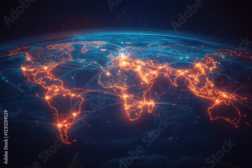 Map with pulsating lights indicating global travel routes across continents