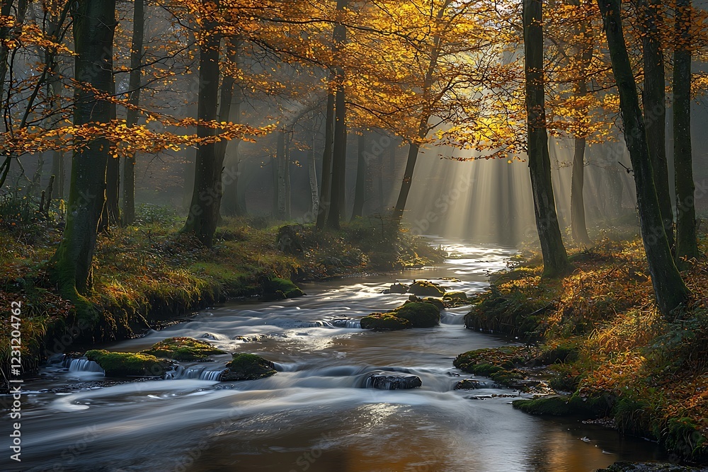 Obraz premium Tranquil river meandering through a golden autumn forest with sunlight breaking through the canopy