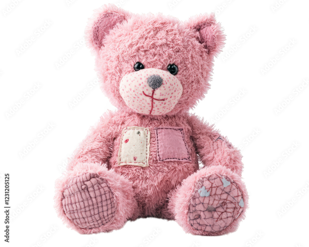 Obraz premium cute pastel pink teddy bear with stitched patches, soft and fluffy, perfect for cuddling and comforting. This adorable plush toy brings joy and warmth to any child or collector