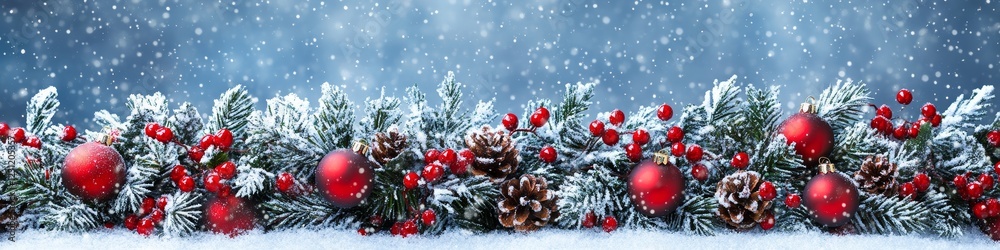 Snowy Christmas Garland with Red Ornaments Pine Cones and Berries Snowy Christmas Garland with Red Ornaments Pine Cones and Berries