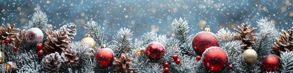 Snowy Christmas Garland with Red and Gold Ornaments  Pine Cones  and Berries