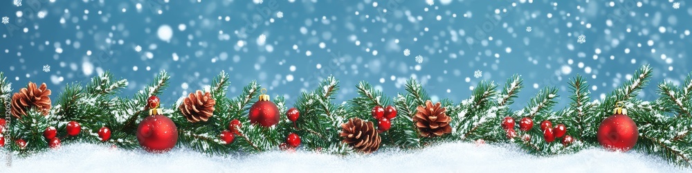Snowy Christmas Garland with Pine Cones Red Ornaments and Berries on Winter Background Snowy Christmas Garland with Pine Cones Red Ornaments and Berries on Winter Background