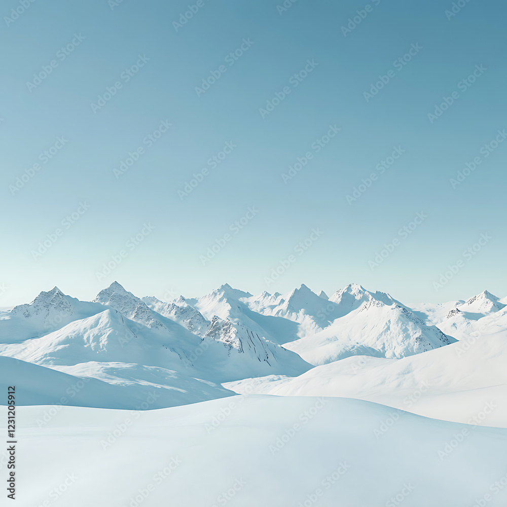 Obraz premium peaceful snowy mountain range, with a bright blue sky and wide empty space at the bottom 