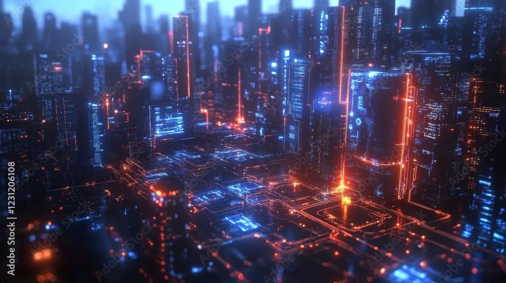 Fototapeta premium Futuristic Cityscape at Night with Glowing Neon Lights