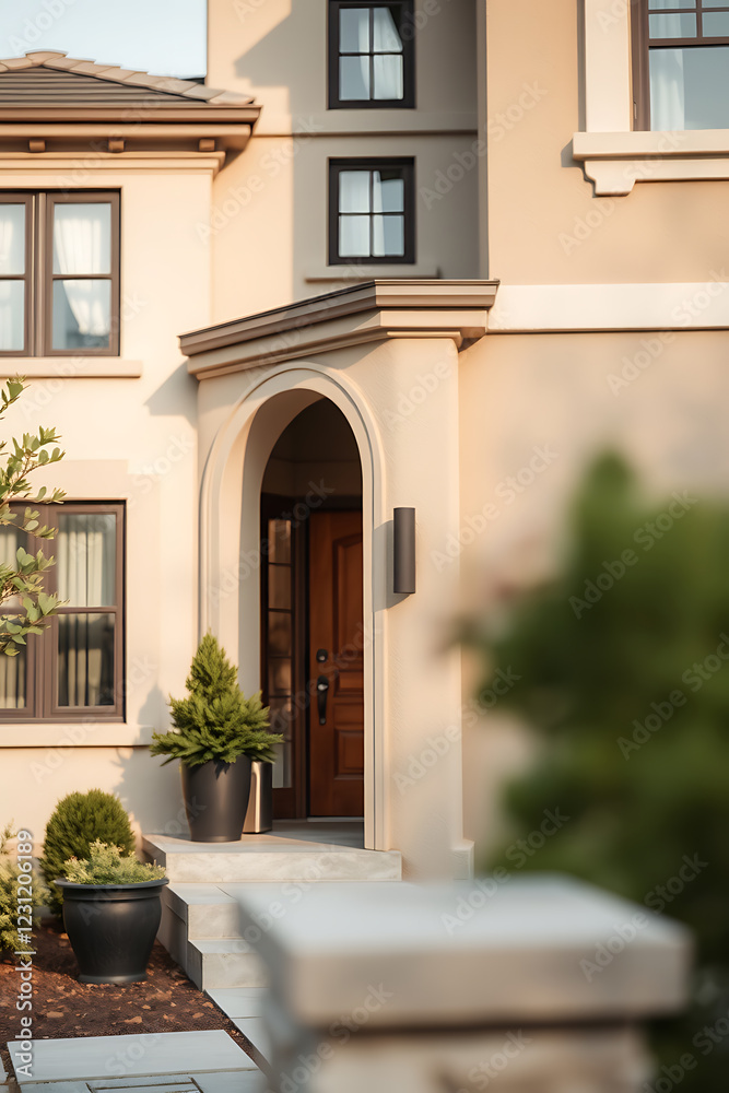 Elegant Home Exterior: Modern Architecture and Landscaping Design. Discover luxury real estate with a classic facade, stylish entrance, and beautiful landscaping.