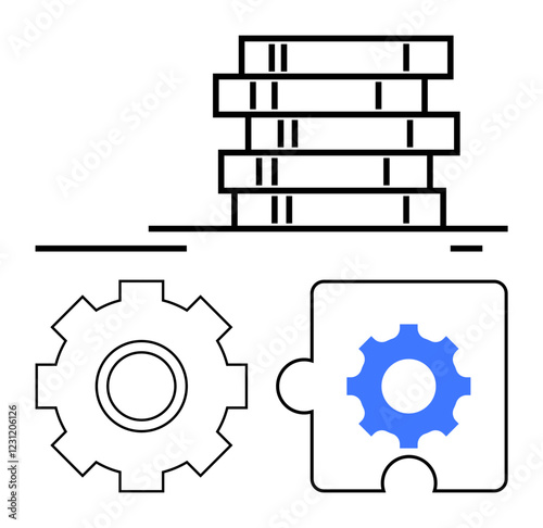 Database stack above gear and puzzle piece icon with blue cog highlights system integration. Ideal for IT concepts, cloud storage, process improvement, solutions, data analysis, technology alignment