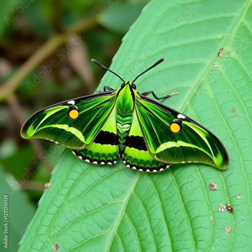 Stunning Green Banded Urania Moth Displaying Vibrant Colors on a Leaf in Natural Habitat photo