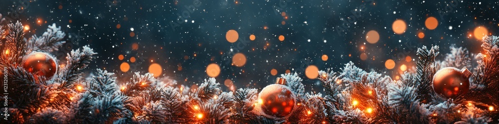 Snowy Christmas Garland with Lights and Ornaments Festive Winter Holiday Background Snowy Christmas Garland with Lights and Ornaments Festive Winter Holiday Background