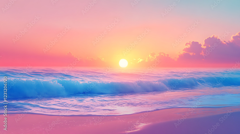 Obraz premium vibrant sunset over a quiet beach with smooth waves, large open area of sky 