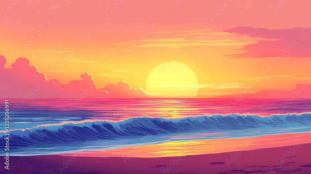 vibrant sunset over a quiet beach with smooth waves, large open area of sky vibrant sunset over a quiet beach with smooth waves, large open area of sky