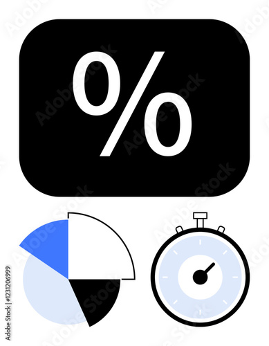 Percentage sign in black rectangle segmented pie chart with blue, black, and white sections, clock stopwatch with minute markings. Ideal for presentations, business, education, finance, time