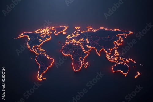 Minimalist world map outlined with glowing continent borders on a dark background