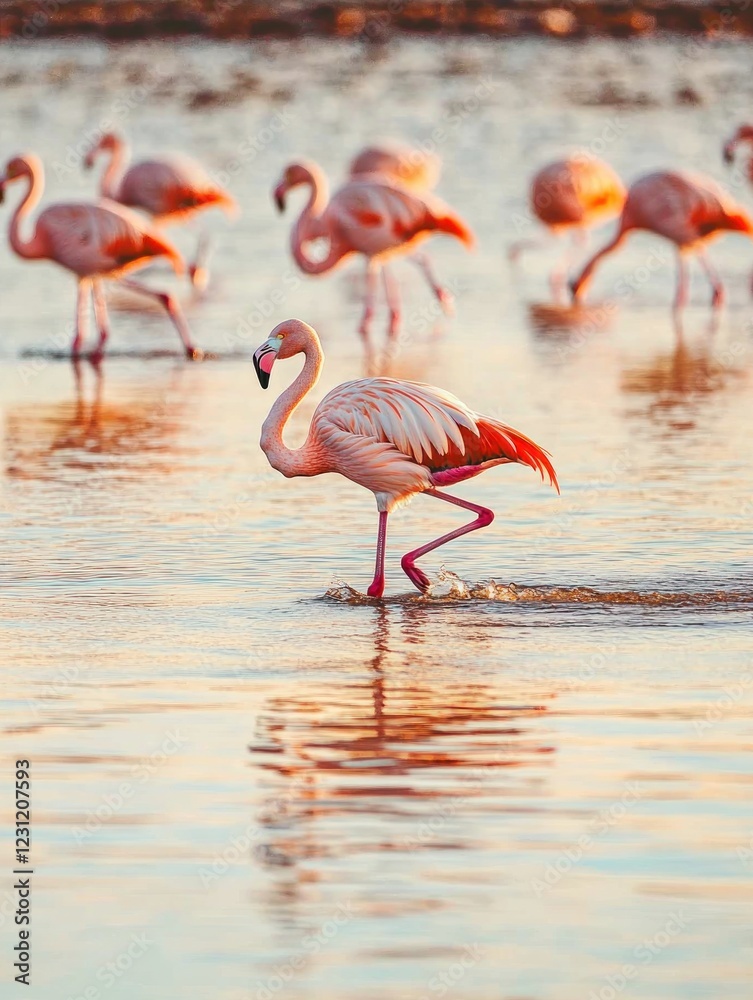 A flamingo flock wading in a shallow lagoon at golden hour. A flamingo flock wading in a shallow lagoon at golden hour.