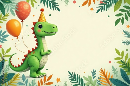 Adorable Dinosaur Celebrates Birthday With Balloons and Leaves