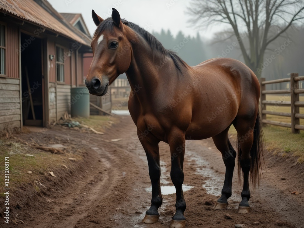 Obraz premium Brown Horse Stands Near Rustic Wooden Barn
