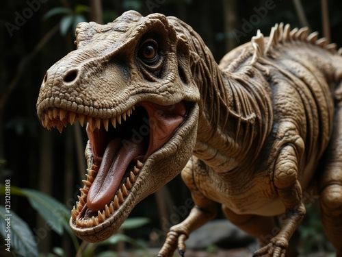 Tyrannosaurus Rex model displays sharp teeth and tongue photo