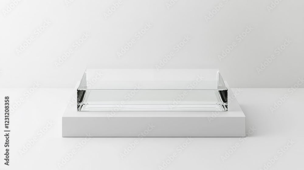 Clear glass rectangular box on a white platform. Minimalist, clean design. Clear glass rectangular box on a white platform. Minimalist, clean design.
