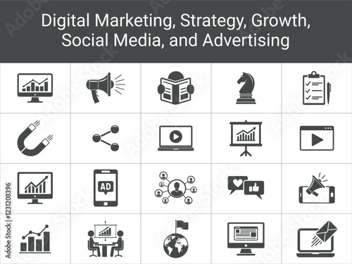 Digital Marketing Icons Set. Growth, Engagement, social media, advertising, content marketing, analytics, growth, engagement, promotion