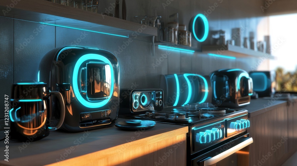 Futuristic Chrome Kitchen Appliances with Neon Blue Lights at Sunrise