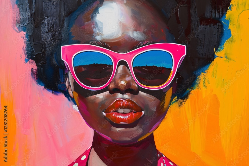 Portrait of a stunning woman with afro hair in pink sunglasses and red lipstick