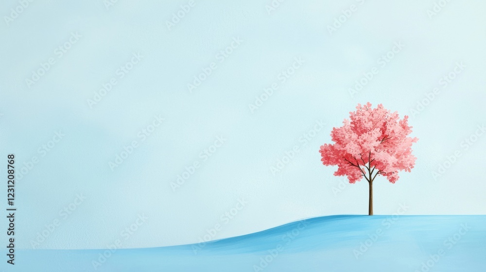 Minimalist pink tree on blue hill nature illustration serenity Minimalist pink tree on blue hill nature illustration serenity