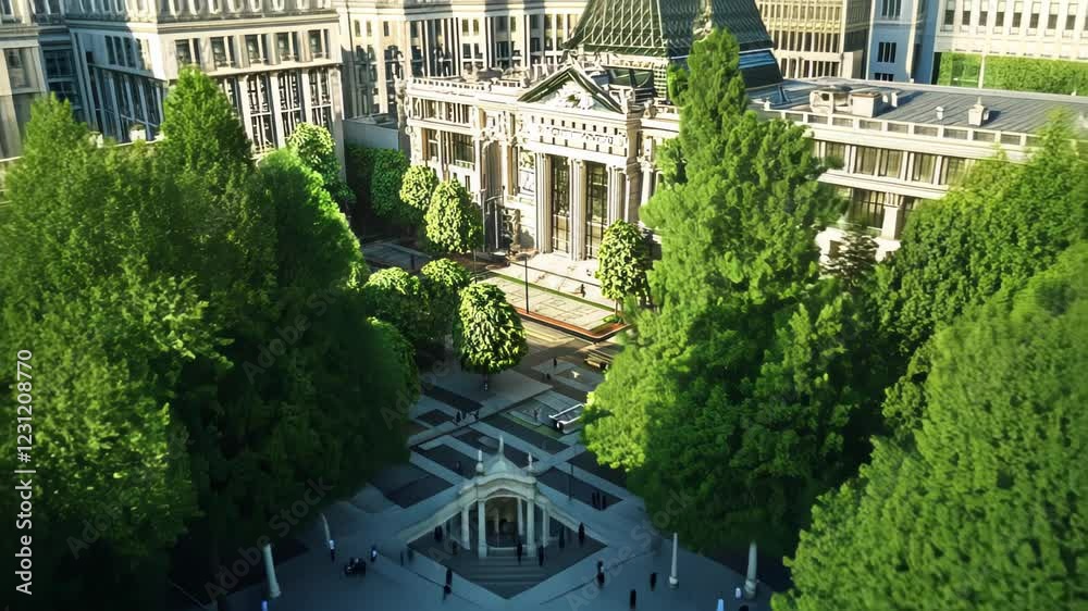 A detailed urban scene featuring a grand building surrounded by trees and a public space.