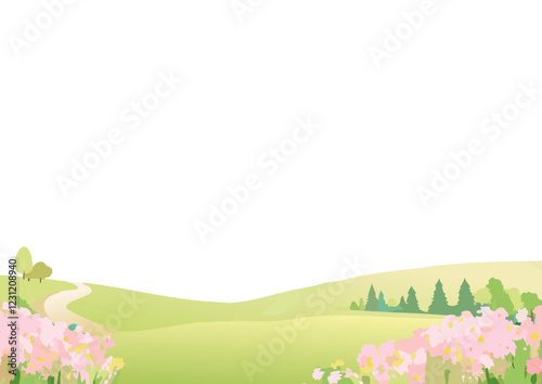 春らしい桜と山の風景イラストのベクター背景