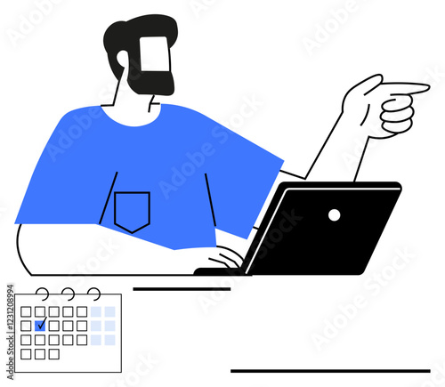 Man gestures confidently while working on a laptop, with a calendar highlighting specific days. Ideal for productivity, planning, task management, teamwork, schedules, motivation, abstract line flat
