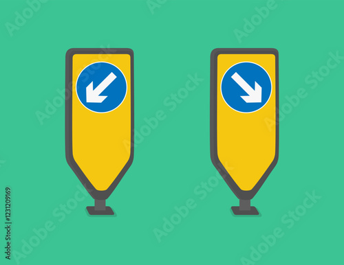 Isolated British internally illuminated traffic bollards with "keep right or left" signs. Flat vector illustration template.