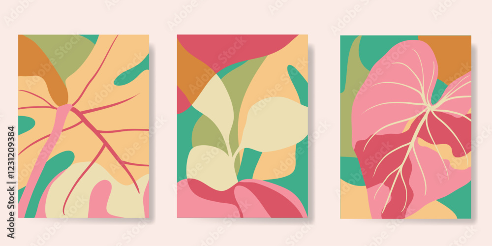 Abstract summer background poster vector. Minimal hand drawn wallpaper design with monstera leaf, organic shape. Painting for summer season, wall decoration, interior, background. Abstract summer background poster vector. Minimal hand drawn wallpaper design with monstera leaf, organic shape. Painting for summer season, wall decoration, interior, background.