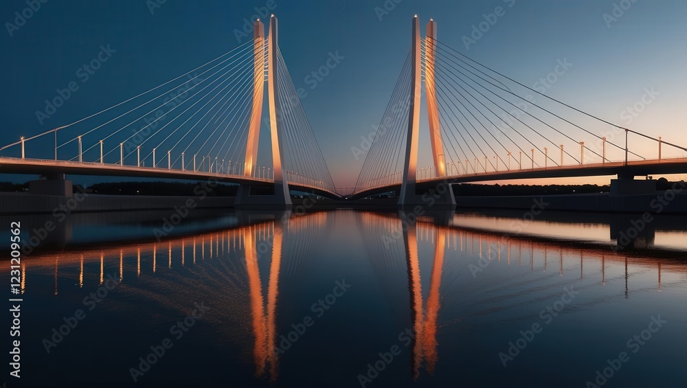 Twin Cable-Stay Bridges at Sunset: Majestic twin cable-stay bridges stand tall against a twilight sky, their elegant structures mirrored perfectly in the calm water below. Twin Cable-Stay Bridges at Sunset: Majestic twin cable-stay bridges stand tall against a twilight sky, their elegant structures mirrored perfectly in the calm water below.
