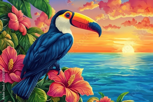 Toucan Perched on Hibiscus Amidst Tropical Sunset