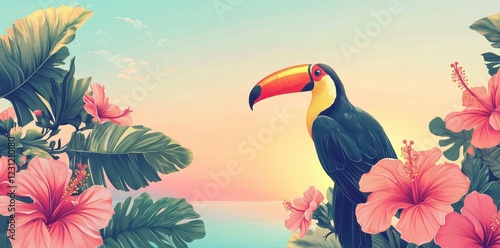 Toucan Bird Amongst Hibiscus Flowers and Tropical Leaves at Sunset
