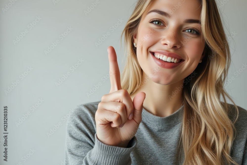 Blonde Woman Smiling and Pointing Upwards with One Finger Blonde Woman Smiling and Pointing Upwards with One Finger