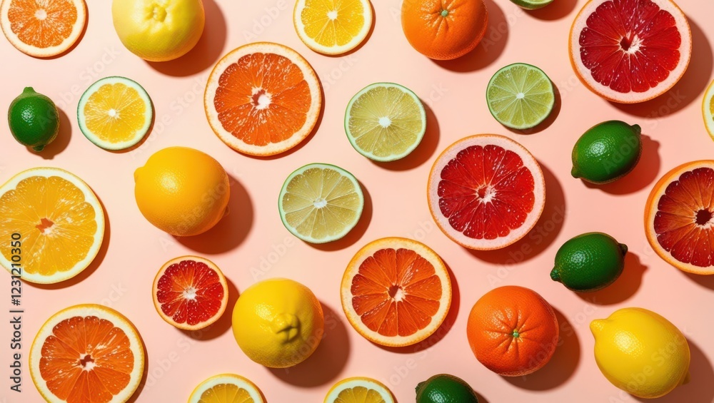 Citrus Burst: A vibrant flat lay showcasing a colorful array of citrus fruits—oranges, grapefruits, lemons, and limes—sliced and whole, arranged against a soft pink backdrop. Citrus Burst: A vibrant flat lay showcasing a colorful array of citrus fruits—oranges, grapefruits, lemons, and limes—sliced and whole, arranged against a soft pink backdrop.