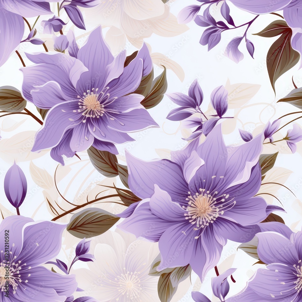 Obraz premium Seamless vector pattern with clematis flowers in soft purple and lavender tones, intricate details, harmonious floral layout 