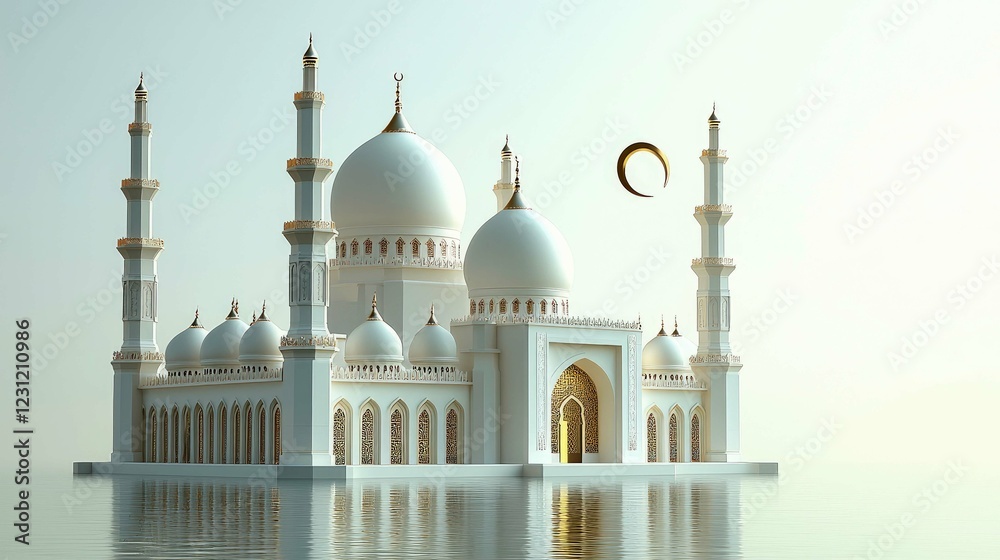 Obraz premium Majestic White Mosque by the Water: Islamic Architecture, Serenity, and Faith
