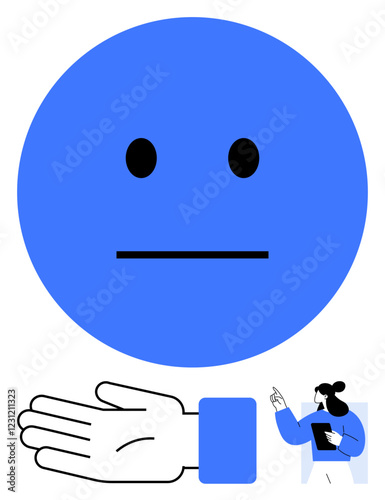 Blue neutral face, outstretched hand in blue sleeve, woman figure pointing with clipboard. Ideal for communication, feedback, emotion, neutrality, support guidance simplicity. Line metaphor