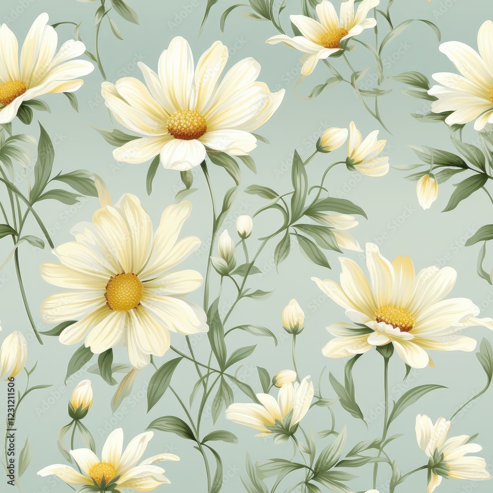 Obraz premium A seamless pattern featuring pastel-toned chamomile flowers with gentle white petals, muted yellow centers, and light green stems on a soft beige background, serene and refined