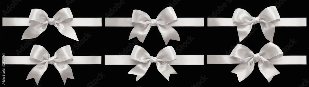 Naklejka premium Stunning arrangement of six white ribbons with shiny satin bows on a black background, showcasing simple and elegant design.